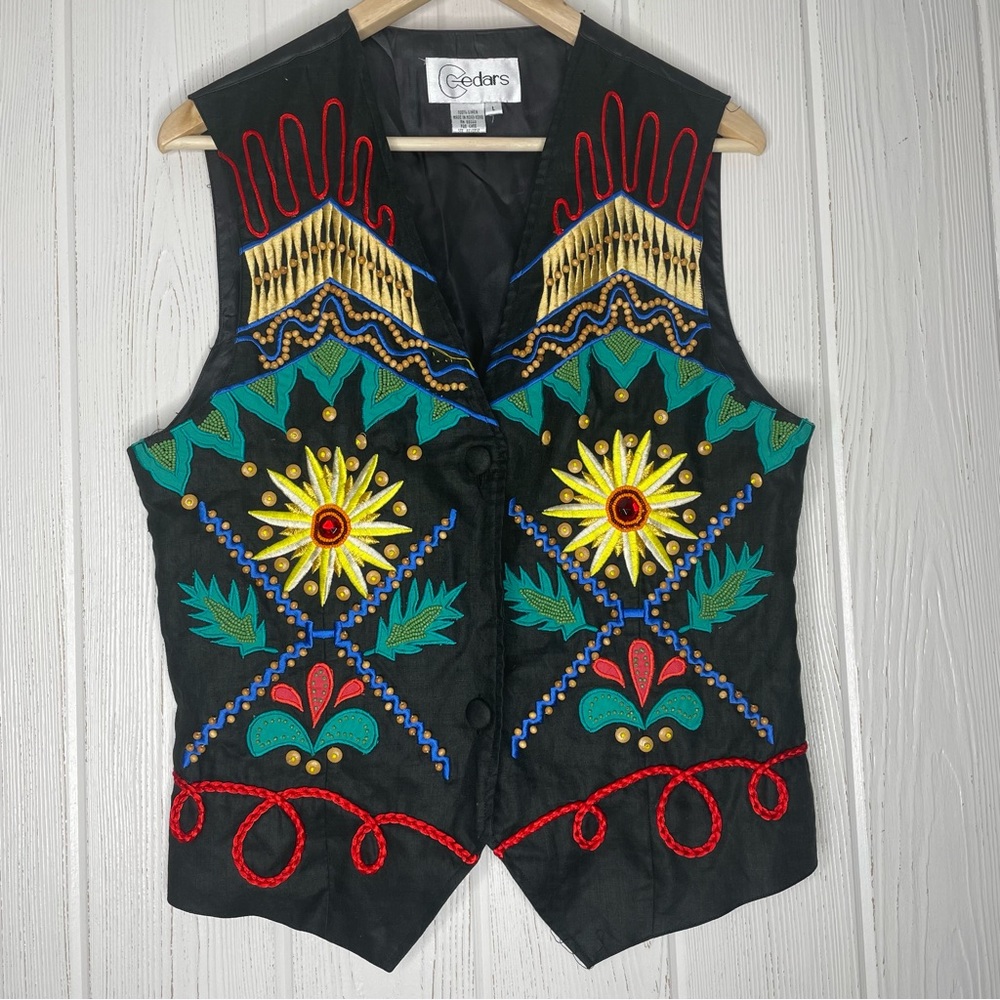 Vintage Cedars Beaded Large Unisex Vest Faux Jewels Wood Beads Black Appliqué